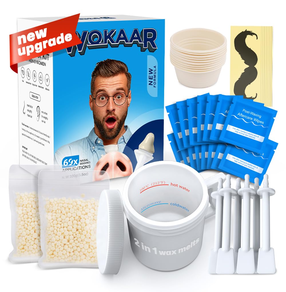 Wokaar Quick Nose Wax Kit | 100 G Wax, 30 Applicators, New 2 In 1 Wax Melt| Nasal And Ear Hair Waxing Kit For Men & Women |Nose Hair Removal |15 X Balm Wipes |10 Mustache Guards | 10 2Oz Eco-Friendly