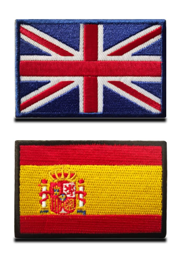 Zcketo 2 Pieces Great British Union United Kingdom UK Patch and Spain Spanish Flag Hook and Loop Embroidered National Emblem Patch for Clothes Football Jersey Backpack Caps Travel Tactical