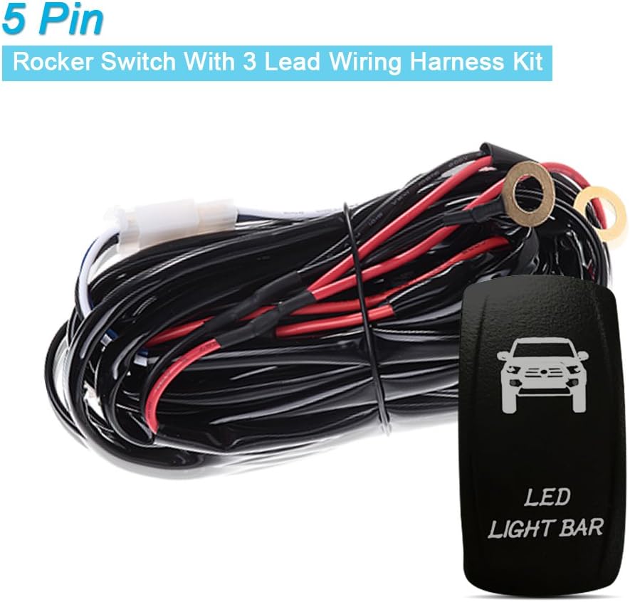 14 Gauge 30A 12V-24V Fuse Relay 3 Lead Up to 312W Heavy Duty Wiring Harness And 5 Pin Blue Backlight Rocker Switch Kit For Led Work Light Bar Fog Lamps Offroad Truck Boat 4X4 Pick Up Van Suv Atv Utv