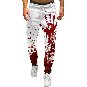 Men's Halloween Sweatpants Bloody Horror Print Joggers Help Me & Blood Handprint Novelty Pants with Drawstring
