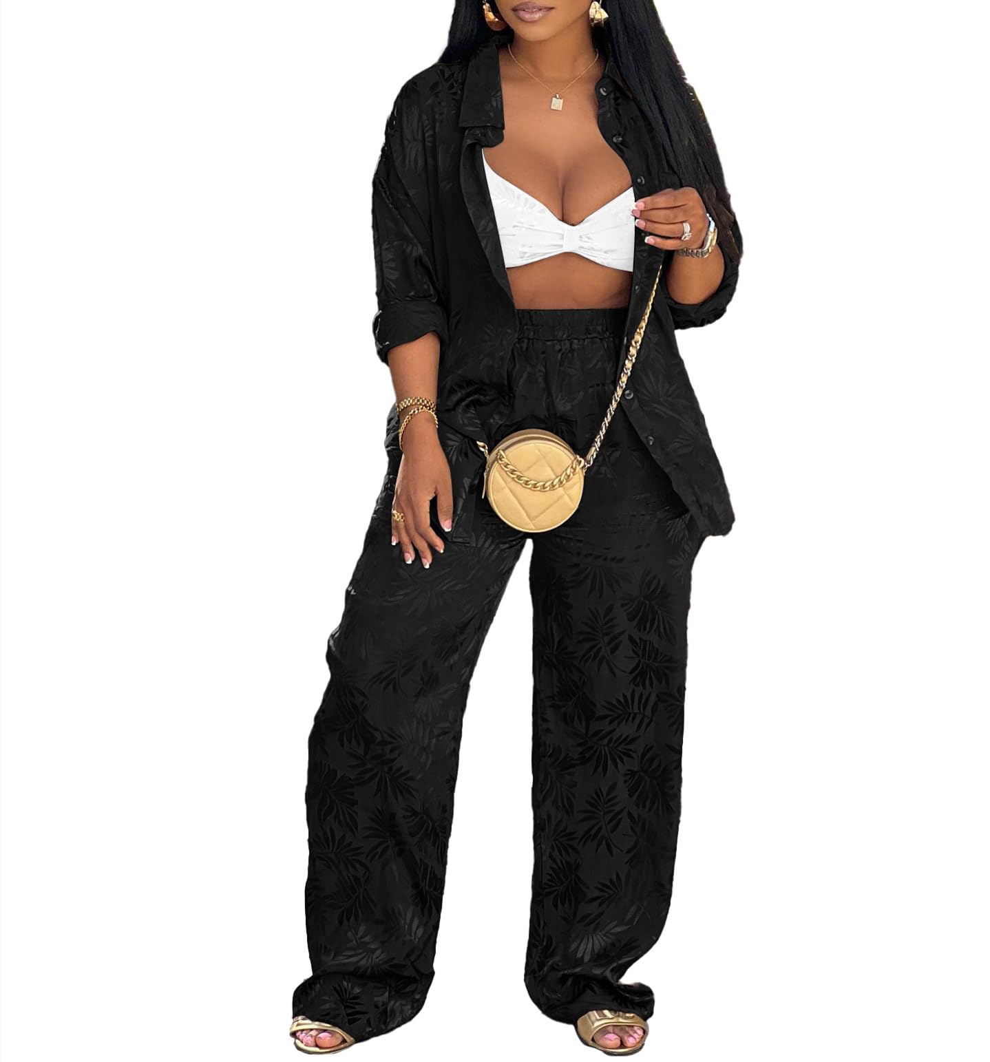 Pants Sets Women Piece Outfits Two Piece Co-Ord Crop Top Cami