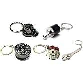GT//Rotors Five Piece Auto Parts Keychains - Turbo, Six Speed Manual Gearbox Stick Shift, Wheel, Red Brake Rotor, Mini Wrench