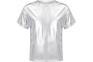 Kaerm Kids Boys Girls Shiny Metallic Hip Hop Dance T-Shirt Short Sleeve Round Neck Modern Jazz Party Performance Tops