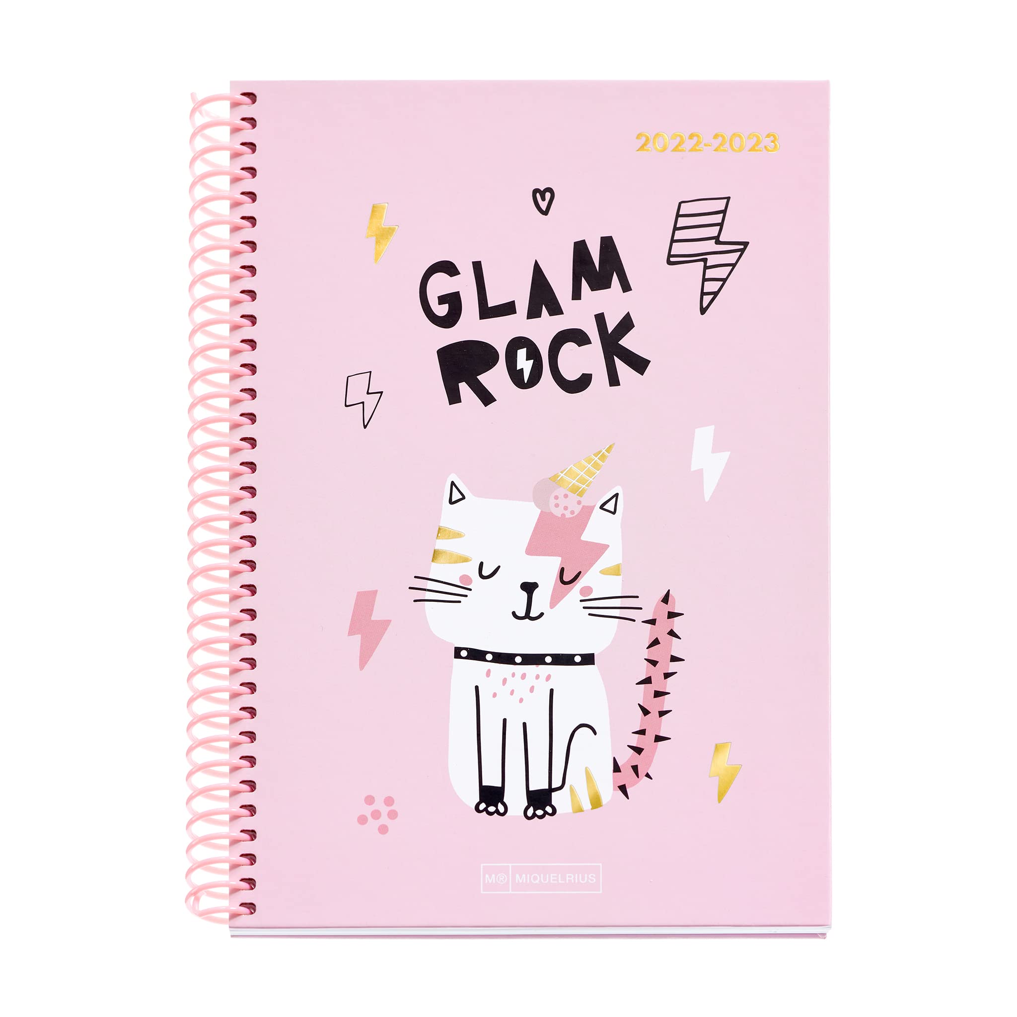 MIQUELRIUS - Agenda September 2022 June 2023 - Week Vista - Plus Size 15 x 21.4 cm - Bilingual: Catalan, English - Junior - Gato Glam Rock