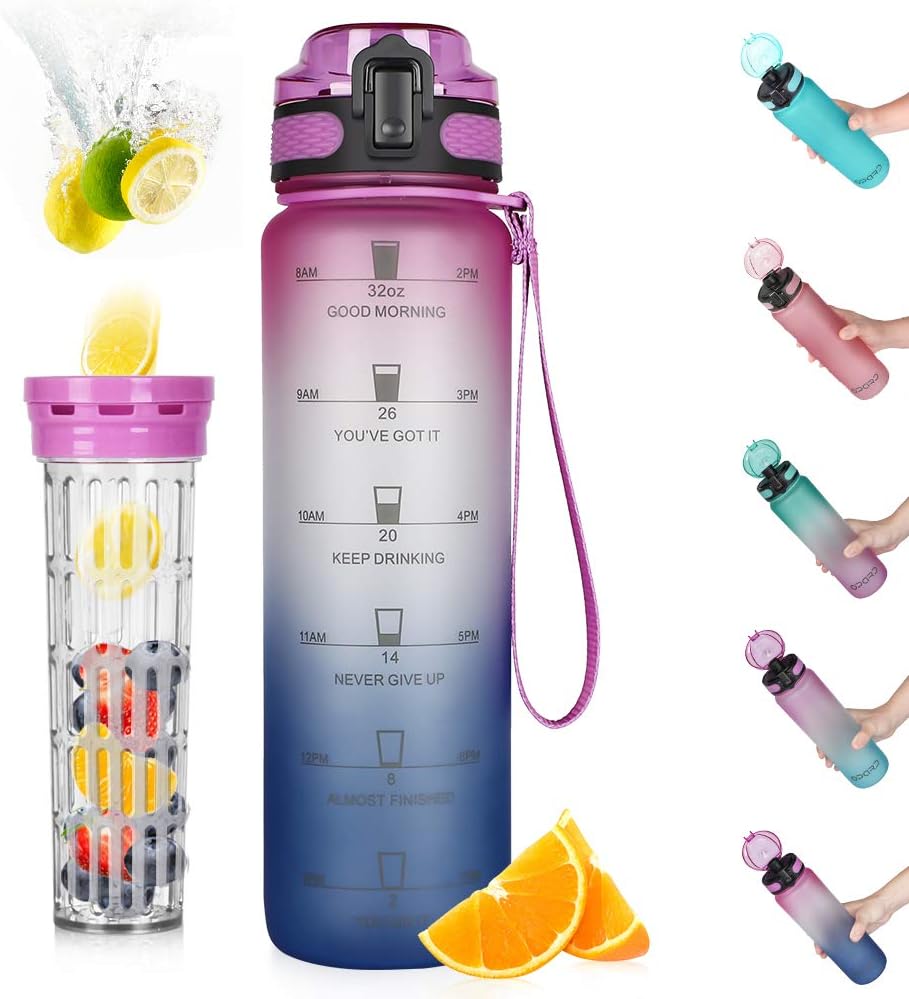 Opard 32oz Sports Water Bottle with Motivational Time Marker to Drink