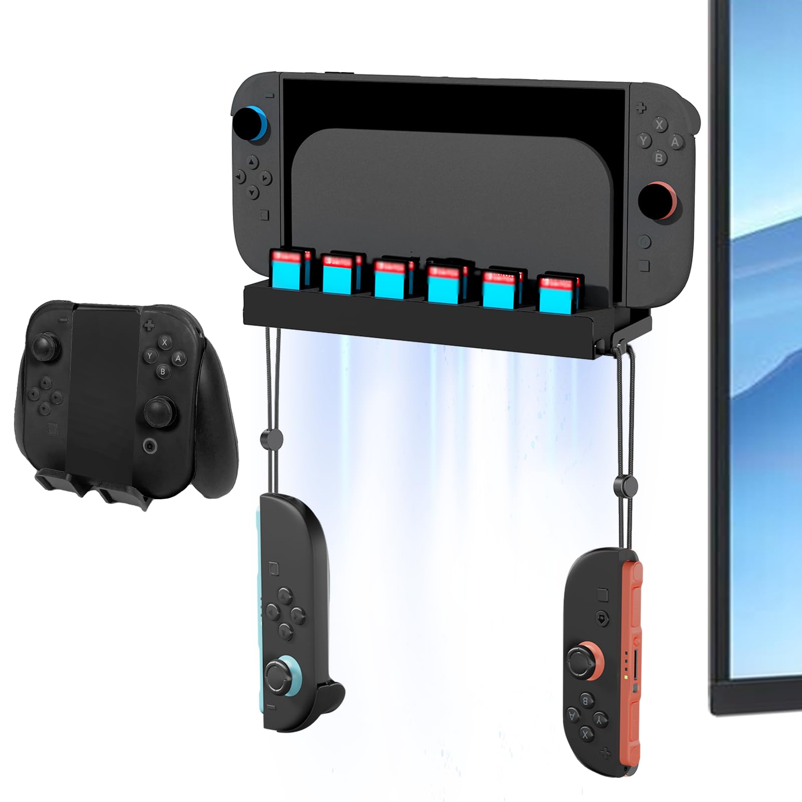 JDGPOKOO Metal Wall Mount Compatible with Nintendo Switch 2/1/OLED, Switch 2 Wall Mount Kit with Controller Holder, 12 Game Card Holders and 2 for Joy Con Brackets, Safely Store Switch 2 Near TV