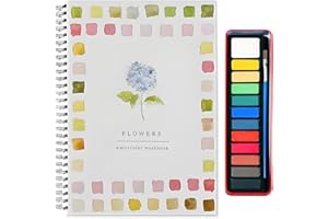 ANYANGJIA Watercolor Workbook, Beginner Friendly Water color Workbooks Set 12 Colors Watercolor Paint Set with Paint Brush Watercolor Workbook Painting Supplies Kit for Kid, Adults(Flowers)