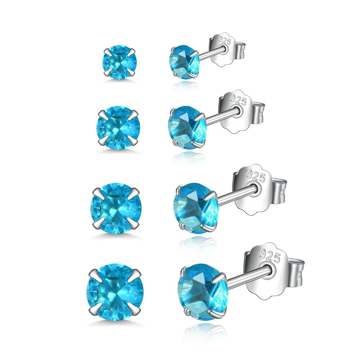 Shuxin Silver Stud Earrings for Women, 4 Pairs 925 Sterling Silver Zirconia Stud Earrings Set, Hypoallergenic Small Sleeper Cartilage Studs, with 5A Aquamarine Blue Cubic Zirconia, Size: 3, 4, 5, 6mm