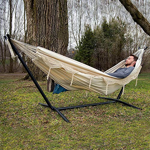 Vivere Double Hammock with Space Saving Steel Stand, Natural (450 lb Capacity Premium Carry