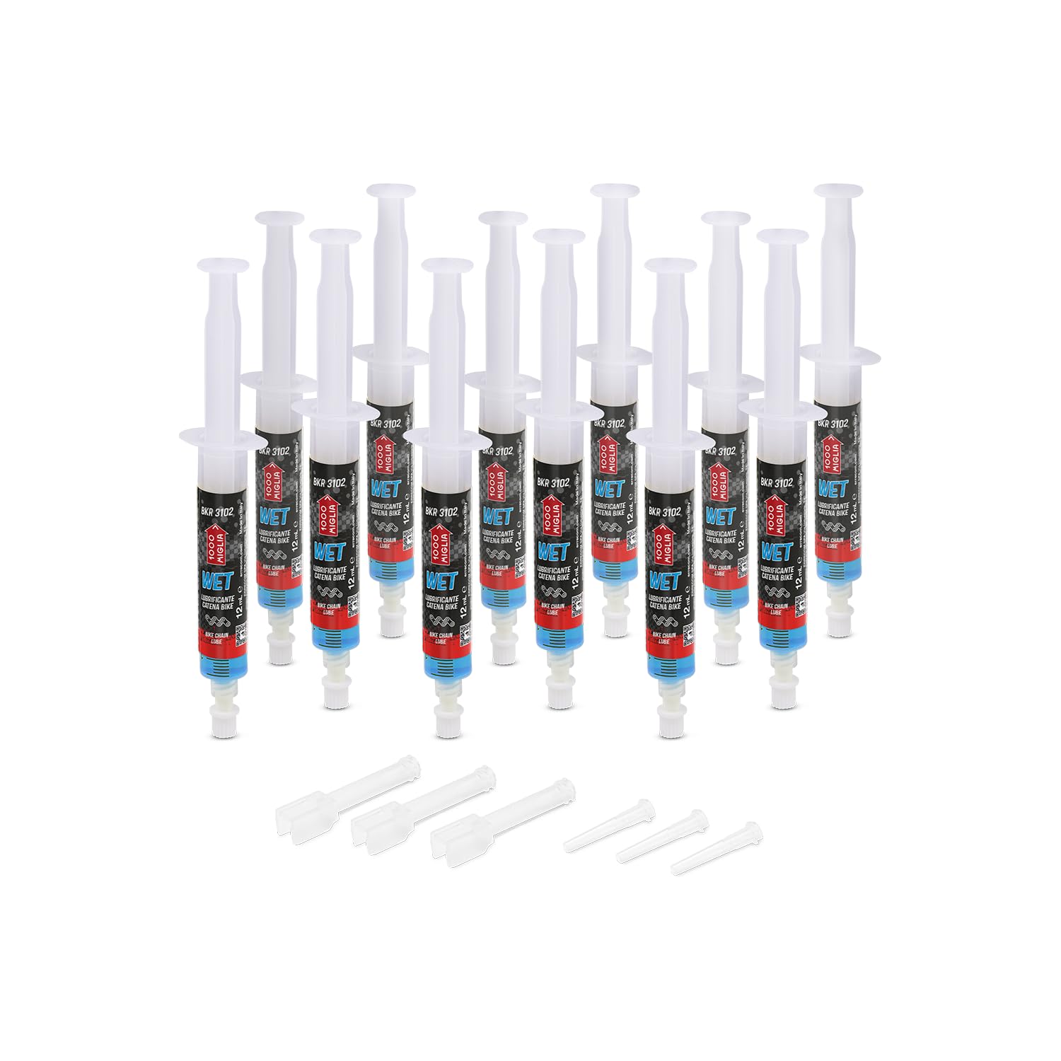 1000 Miglia BKR 3102 WET Lube Bike Chain for Wet and Muddy Weather Conditions - 144 ml (12 x 12 ml), Cartridges with Drop and Huggie Application Systems, fluorescent and scented formula