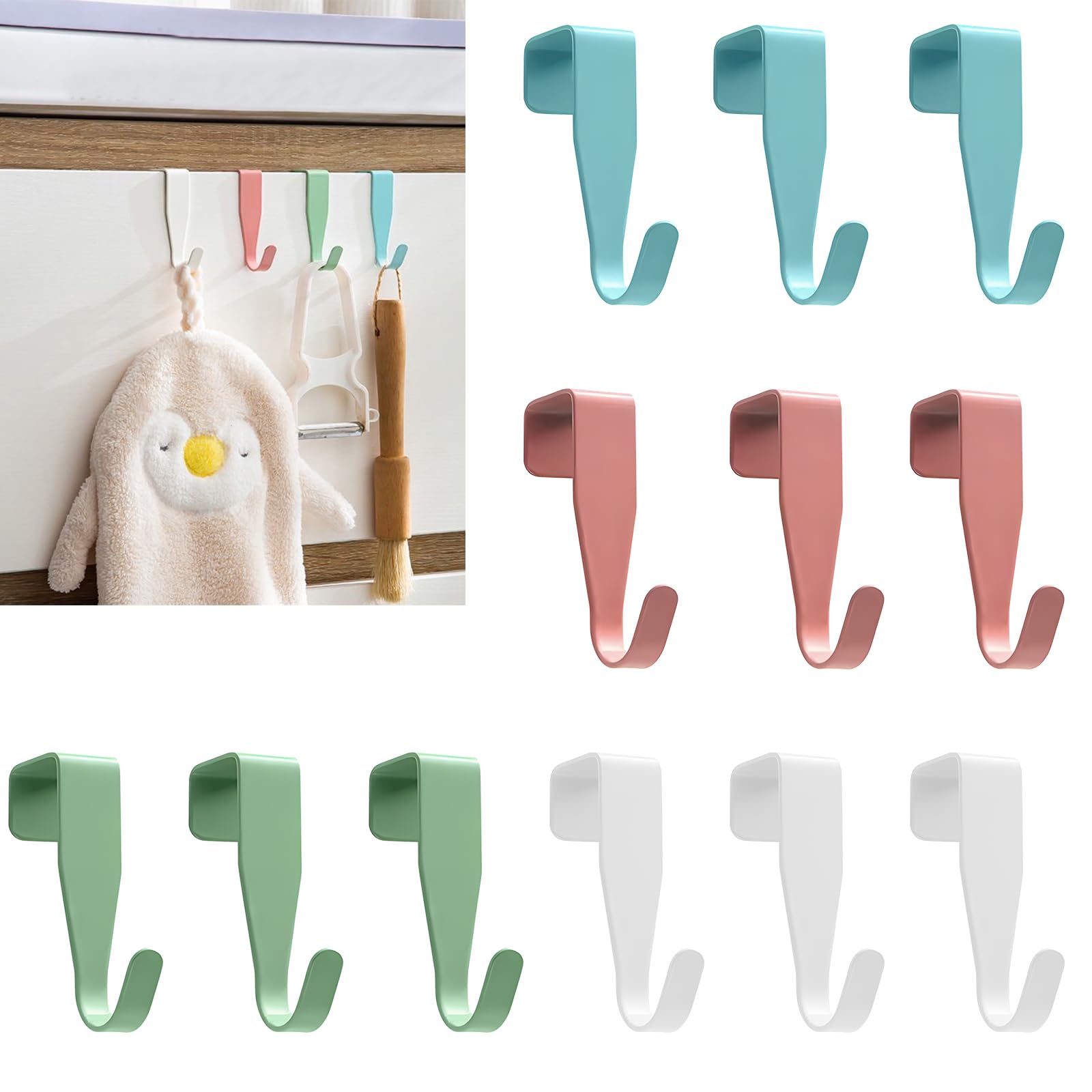 GOTRUST 12pcs Over The Door Hooks Color, Small Over Cupboards Hook for Hanging, Over Kitchen Cabinet Single Hooks for Bedroom, Bathroom, Wardrobe - Pink, White, Blue, Green