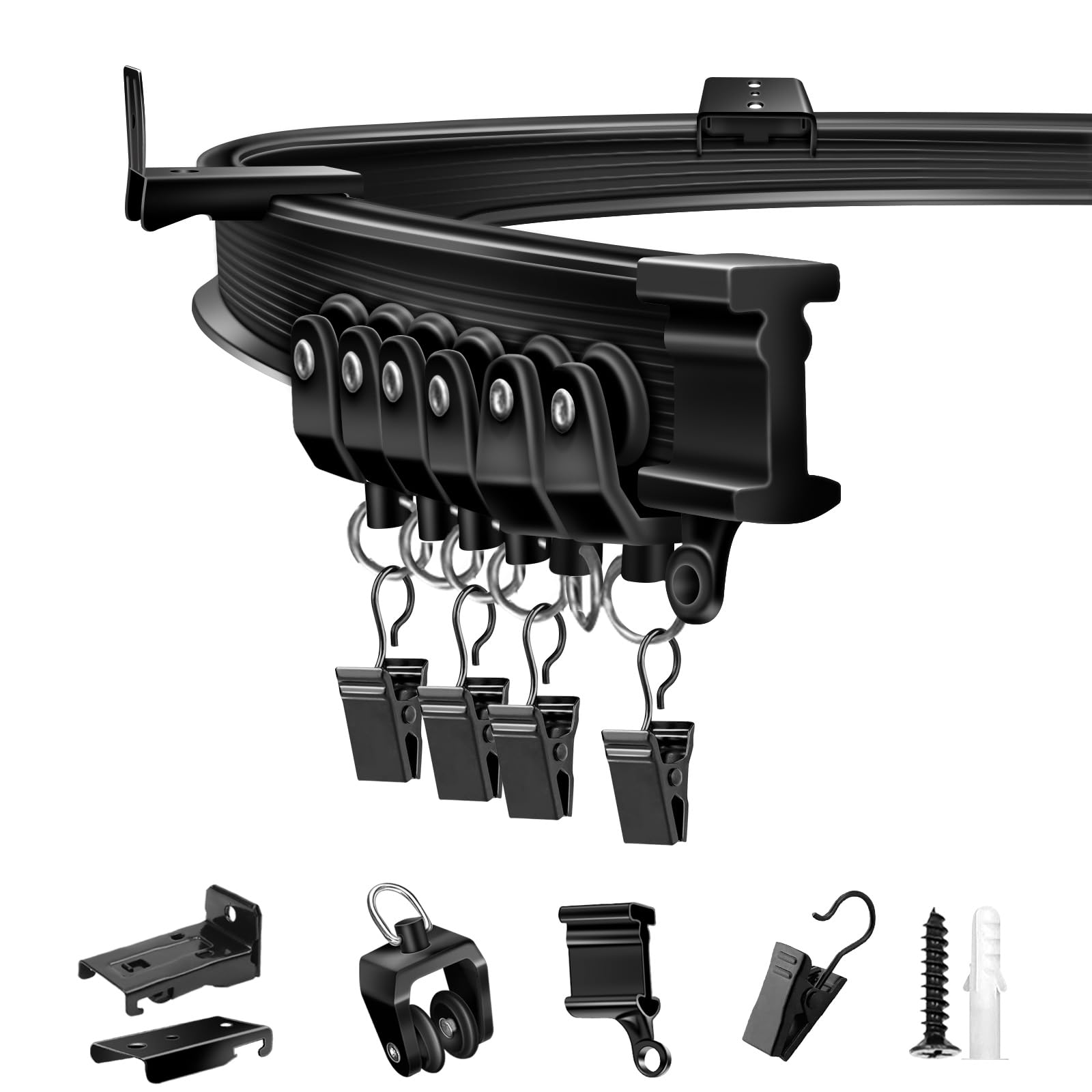 TOKPLNU Curtain Rail, Flexible Ceiling Curtain Track 3m Black Bendable Curved Ceiling Track for Curtains, Wall or Ceiling Mounted Curtain Tracks and Fittings, Shower RV Curtain, Room Divider