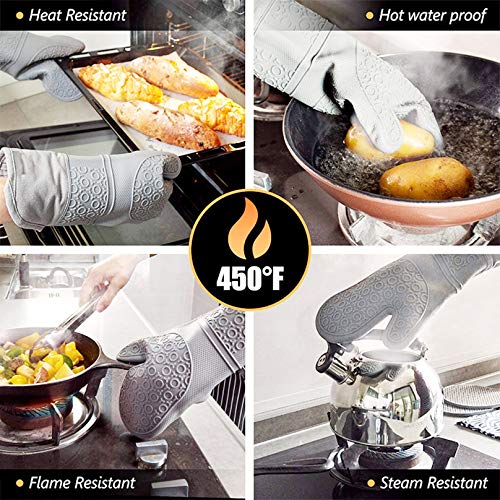 Extra Long Silicone Oven Mitts Baking Set and Pot Holders, 6Pcs Quilted Liner Heat Resistant Non-Slip Gloves with Mini Oven Gloves, Hot Pads for Kitchen Baking Cooking