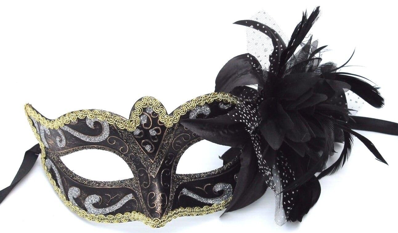 LADIES BLACK BRONZE SILVER & GOLD WITH FLOWER VENETIAN MASQUERADE CARNIVAL PARTY BALL EYE MASK