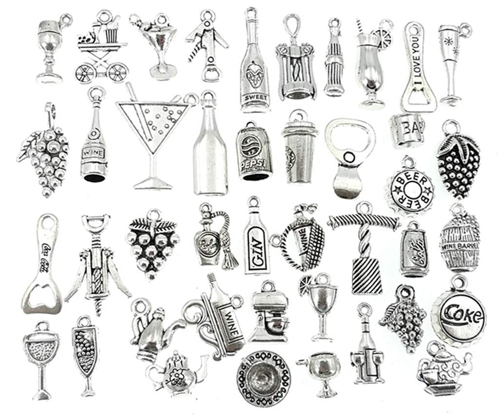 Wine Drinks Charms,Champagne Grape Wine Glass Bottle Opener Goblet Charm Pendant Connector for DIY Jewelry Making Findings(42pcs,Silver)