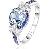 RYANEE Round Cut Halo Ring for Women with Natural Sky Blue Topaz in 925 Sterling Silver, Blue Birthstone 14k White/Black Gold Plated Promise Engagement Ring for Her, Anniversary Birthday Jewelry Set