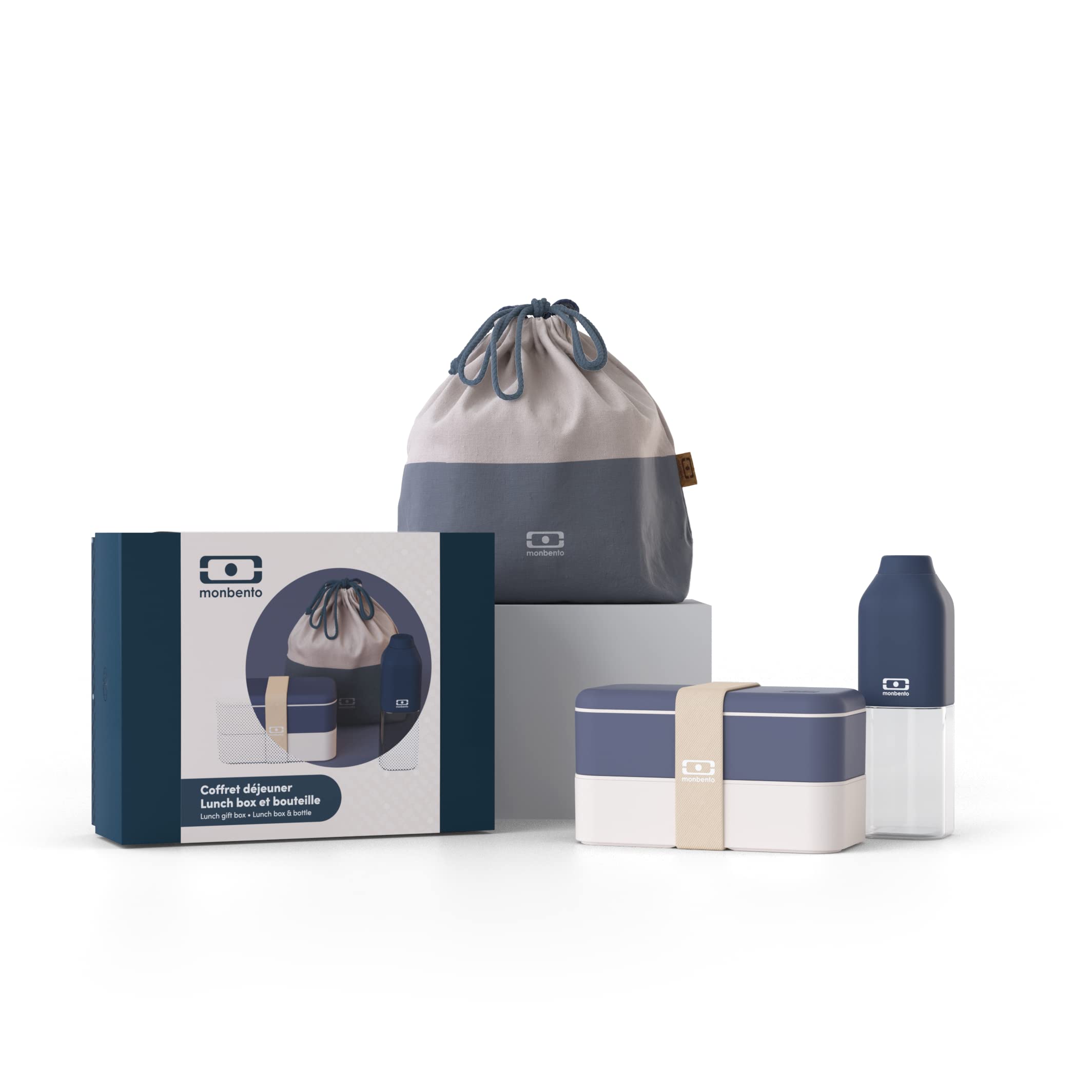 monbento - Lunch Gift Box - With Bento Box MB Original Natural Made in France, MB Pochette L Natural Bag, MB Positive M Natural Water Bottle - Blue - Gift Idea for Women or Men