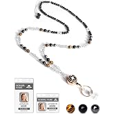Teacher Lanyards for ID Badges and Keys, Flower Badge Reel, Natural Stone | Retractable Beaded Lanyard for Women, ID Holder Cute Lanyard, Shine Necklace, Tiger Eye, Black Obsidian, Work &amp; School Use