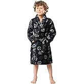 Leapsea Skull Print Boys Coral Fleece Bathrobe with Collar, Super Soft and Warm Pajama for Kid 7-16 Years