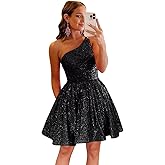FoinLuve One Shoulder Sequin Homecoming Dresses for Teens Women Sparkly A-Line Short Prom Formal Gowns