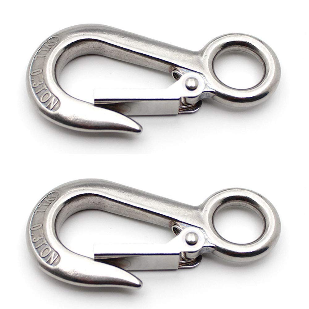 POFET 2 Pcs Heavy Duty American Cargo Hooks, 0.2T-304 Stainless Steel Large Eye Hooks with Latch, Working Load 300KG