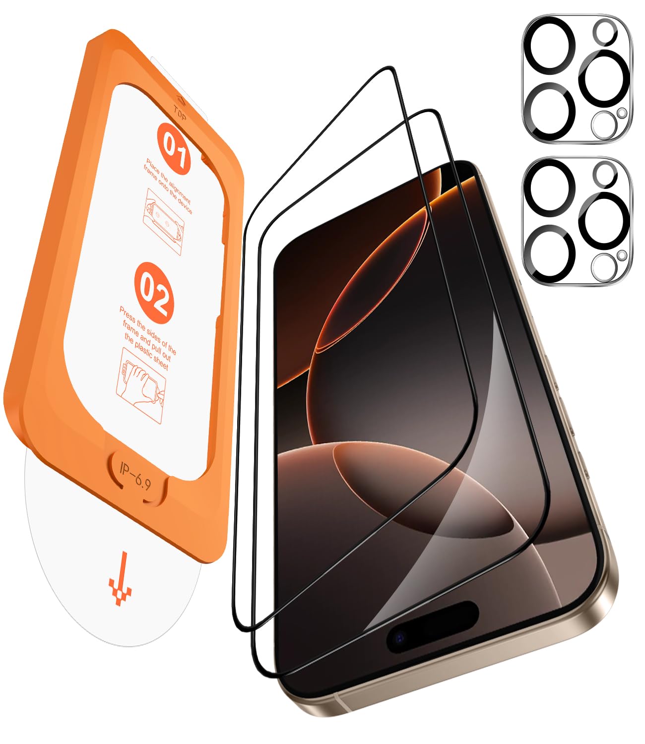 Photo 1 of OMOTON 2+2 Pack Screen Protector and Camera Lens Protector for iPhone 16 Pro Max, Full Screen Installation, Precise Alignment, Bubble-Free, Dust-free, 9H Hardness, Easy Installation