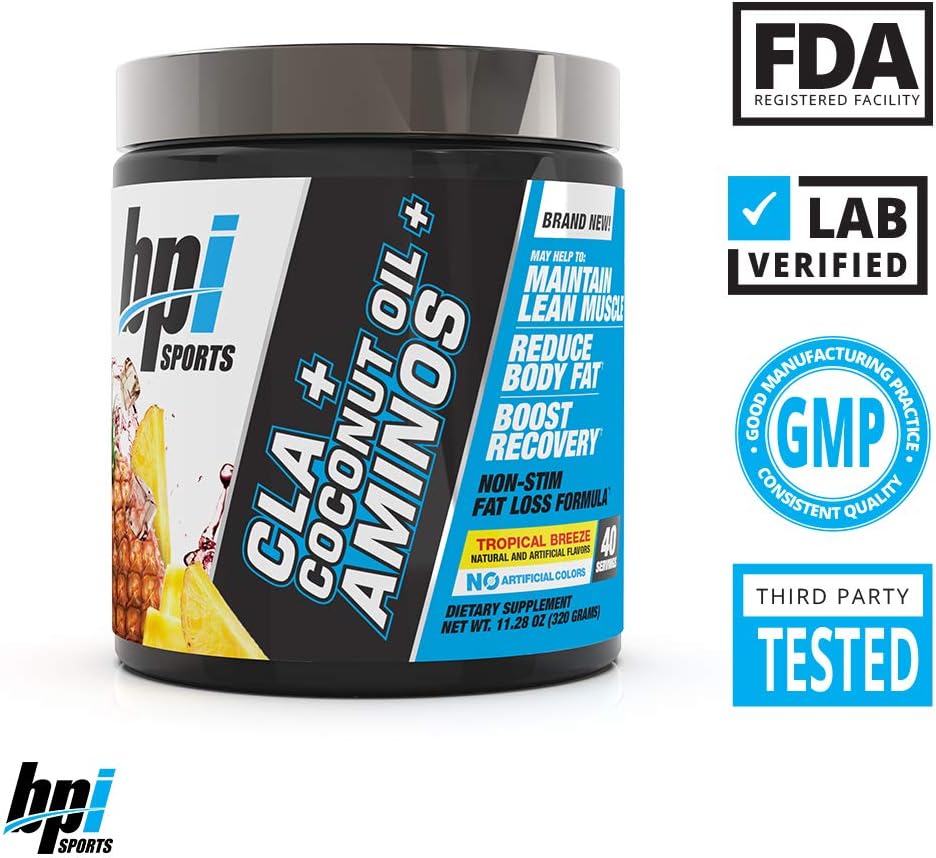 BPI Health CLA + Coconut Oil + Aminos, Non Stimulant Fat Loss Supplement Powder, Tropical Breeze, 40 Servings,11.28oz: Health & Personal Care