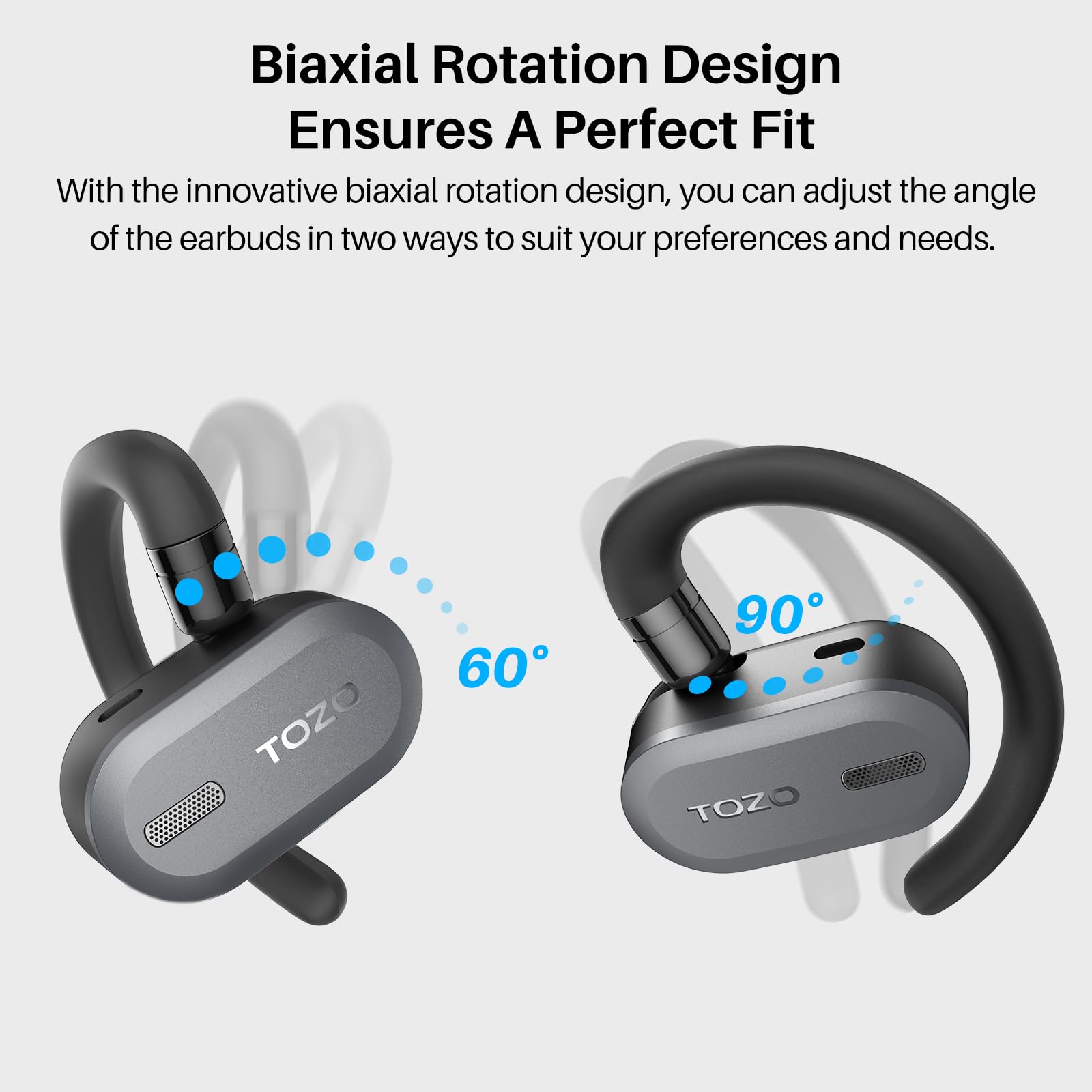 TOZO O2 True Open Ear Wireless Headphones Lightweight with Multi-Angle Adjustment, Bluetooth 5.3 Earbuds with Dual-Axis Design for Long-Lasting Comfort, Crystal-Clear Calls for Driving, Black
