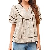 Falechay Women Blouses V Neck Puff Short Sleeve Womens Summer Tops Eyelet Embroidered Clothes Trendy Causal Babydoll Shirts