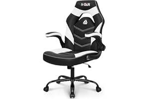 N-GEN GAMING Video Gaming Chair Ergonomic Office Desk Chair with Lumbar Support Adjustable Height Padded Flip Up Arms and Swivel Wheels Racing Style Design for Adults with PU Leather (White)