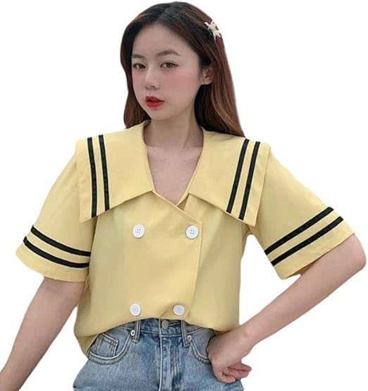 Amazon Bestmood シャツ レディース 半袖 ブラウス セーラー襟 可愛い ショート丈 トップス 森ガール系 学院風夏服 ファッション 通学 Freeイエロー シャツ ブラウス 通販