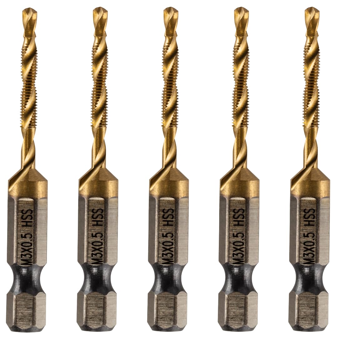 Rennie Tools - Pack Of 5 - M3 x 0.5 Combination Drill and Tap Bit, 1/4" Hex Shank. Metric Coarse Titanium Coated HSS Spiral Flute Drilling Tapping Tool. 3mm x 0.5mm Pitch Drill Bit.