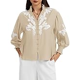 ChiaoLezhee Embroidered Tops for Women, Boho Floral Mexican Blouse, V-Neck Puff Long Sleeve, Button Down Ruched Shirts Casual