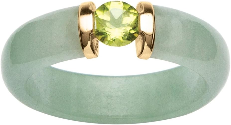10K Yellow Gold Round Genuine Jade and Round Green Genuine Peridot Ring