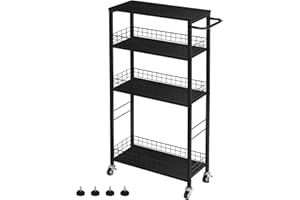 YBING Slim Storage Cart Kitchen Rolling Utility Cart on Wheels 4 Tier Mobile Narrow Cart with Wood and Metal Handle Slide Out Storage Shelving Unit Cart for Kitchen Living Room Small Places Black