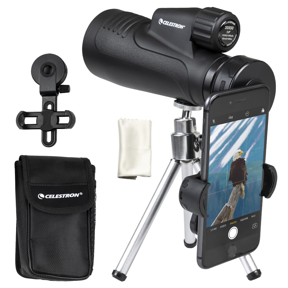 Celestron – Outland X 20x50 Monocular – Outdoor and Birding Monocular – Fully Multi-Coated Optics and BaK-4 Prisms – Bonus Smartphone Adapter, Bluetooth Remote & Tripod Included