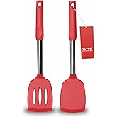 2 Pack Spatulas, Solid & Slotted Silicone Spatula Set, Stainless Steel Handle Coated with Silicone, Non Stick Turners, Heat Resistant Rubber Spatulas for Fish, Eggs, Pancakes, WOK, Red