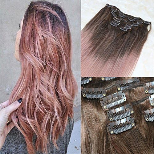 HairDancing 22" Balayage Clip in Extensions Dark Brown Color Fading to Color Rose Gold Clip Hair Extensions Light Pink Ombre Color Real Clips Extensions