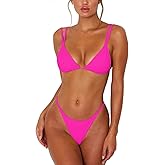 ForBeautyShe Women's Sexy Thong Bottom Two Piece Bikini Double Shoulder Straps Cute Swimsuit Triangle Bathing Suit