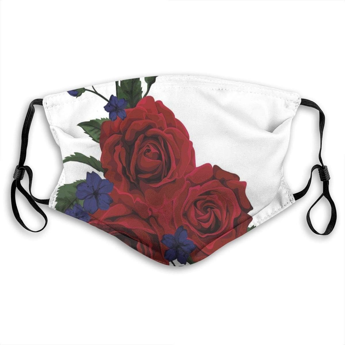 Blooming Red Roses with Gentle Wild Flowers Leaves Bouquet Corsage Breathing Mask UV Protection Unisex for Pollution Suit for Outdoor Activities