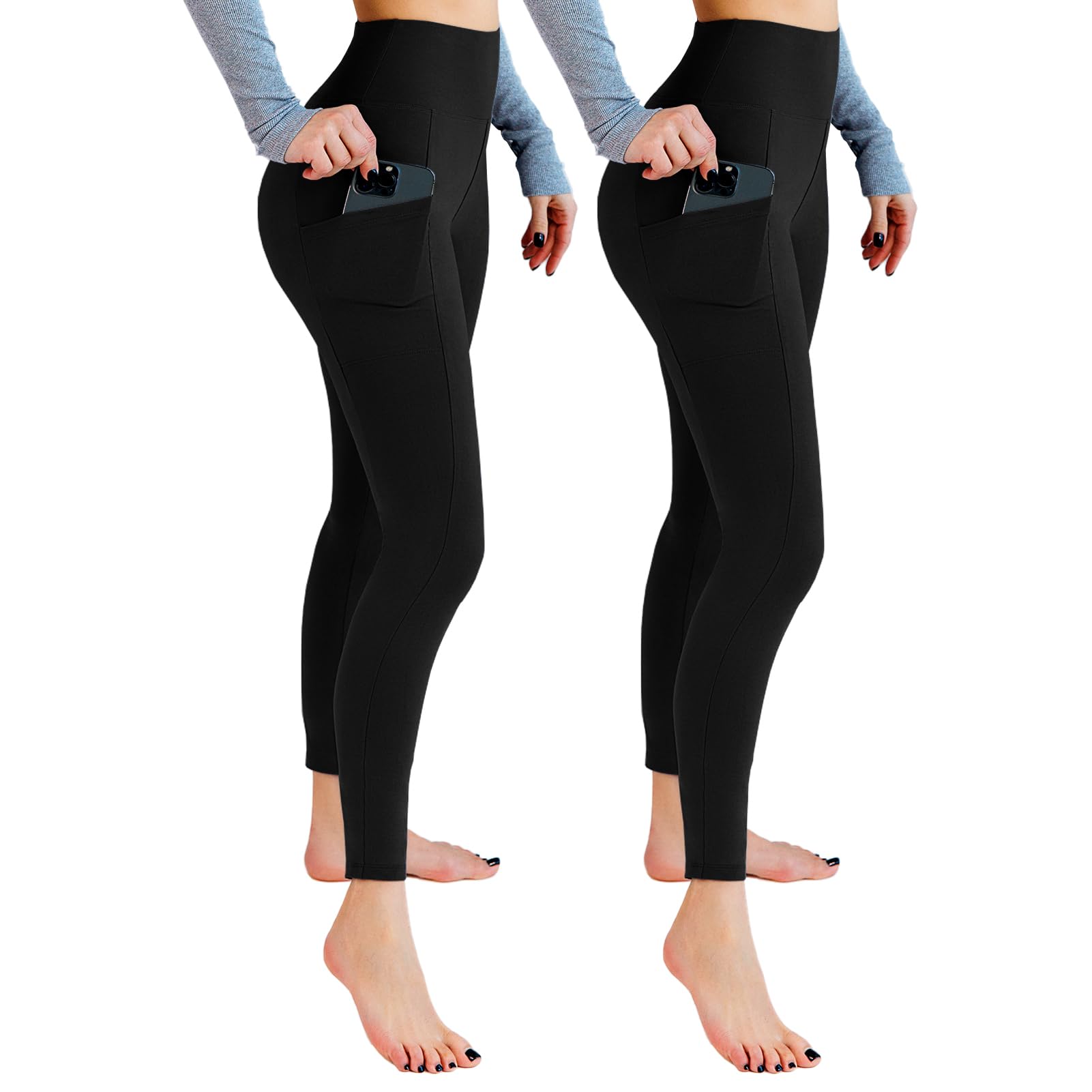 Leafigure 2 Pairs of Women's High-Waist Sports Leggings with Pockets, Opaque, for Gym, Sports, Yoga