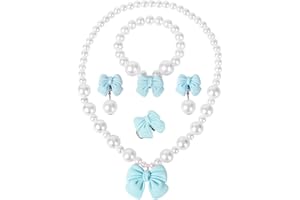 BAOBAOJOY Princess Jewelry for Little Girls, Handmade Bow Pearl Kids Jewelry Set, Stretch Necklace Bracelets Rings and Clip on Earrings, Perfect for Dress Up, Birthday Parties, and Costume Play