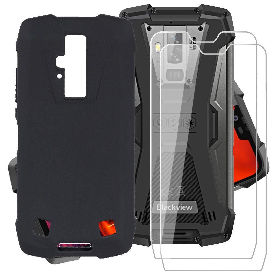JIENI Case for Blackview BV9700 Pro + 2 Pieces Tempered Glass Screen Protector, Soft Flexible Black Silicone Cover Case TPU Shell Protective Case (5.84 Inches)