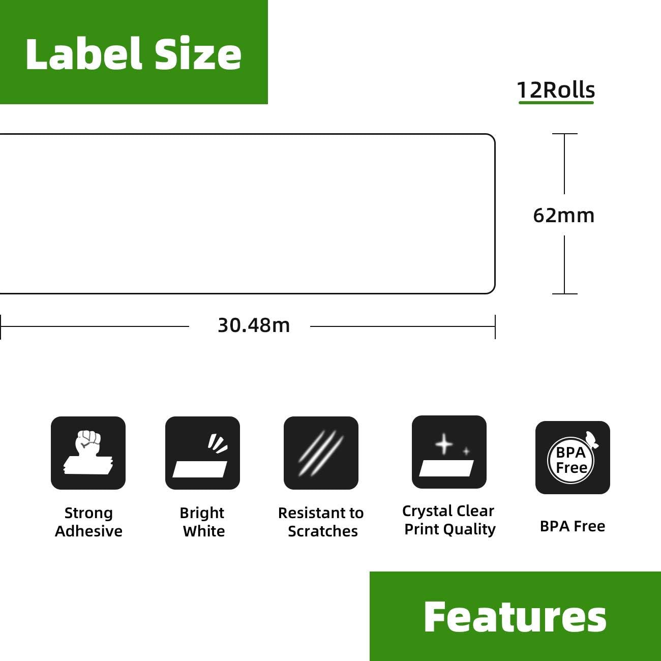 Printholic - Compatible DK-2205 Continuous Length Labels 2-3/7" x 100' (62mm x 30.48m) Replacement Labels for DK-2205 Compatible for Brother QL Label Printers (12 Rolls + 1 Refillable Cartridge Frame) : Office Products
