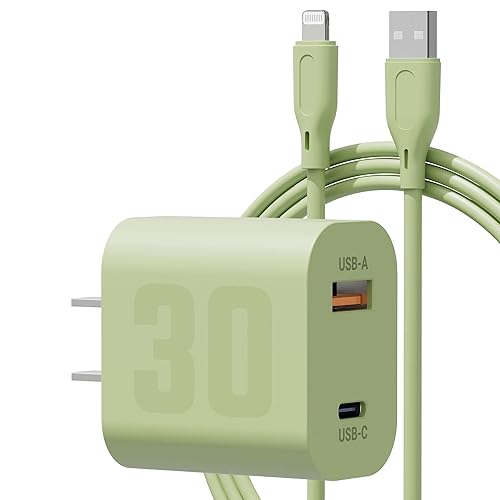 30W GaN Charger for iPhone, USB C Fast Charging Block Dual Port Wall Plug Power Adapter 5FT USB-A to Lightning Cable Charge Cord [Apple MFI Certified] for iPhone 14 13 12 11 Mini Pro Max 8 7 6, iPad