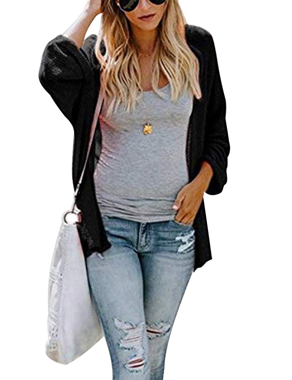 Poplover Womens Ladies Batwing Sleeve Cardigans Loose Open Front Knit Tops Sweater Black X-Large