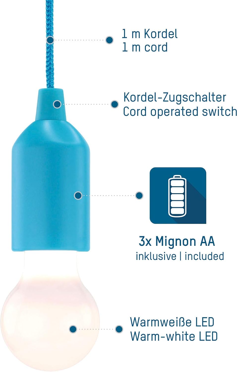 HyCell Pull Light Red with Light Pull with Pull Switch, Plus AAA Batteries, Acrylic, Blue, 16 x 5.5 x 5.5 cm, E27 1watts - Image 3