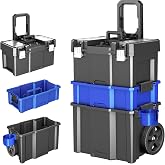 AIRAJ 3 Tier Rolling Tool Box With Wheels, Stackable Tool Box Organizer | Tool Storage Box with Removable Cup Holder,Portable Tool Box with Foldable Handle,Toolbox for Garage,Workshop