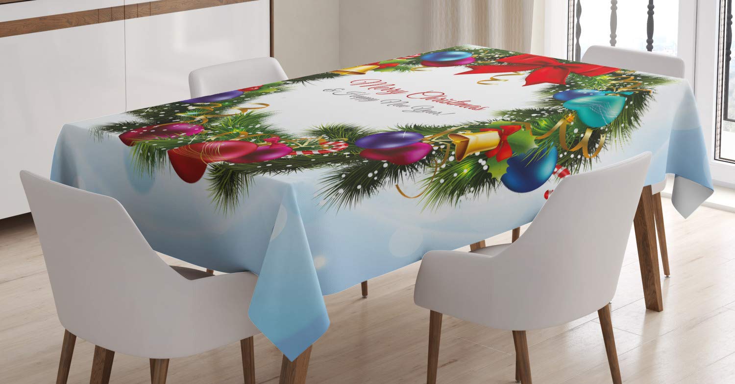 ABAKUHAUS Christmas Tablecloth, Round Green Wreath with Vibrant Traditional Elements Happy New Year Art, Dining Room Kitchen Table Cover, 54" x 94", Light Blue Green