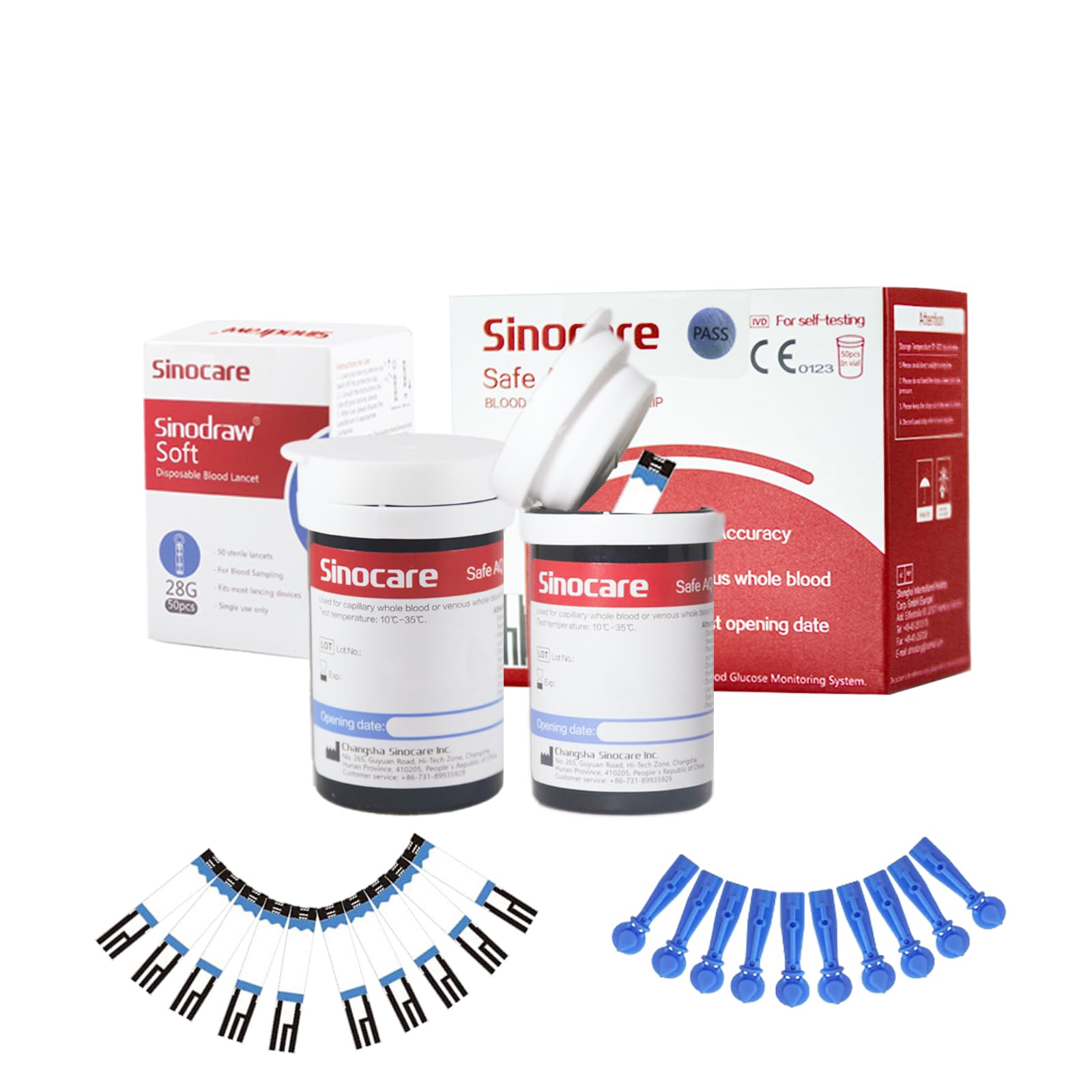 Sinocare Blood Glucose Test Strips x50 and Lancing Device x50 Only for Sinocare Safe AQ Smart Glucometer or Safe AQ Voice Glucometer, Blood Glucose Monitor Accessories Diabetes Test Kit Replacement